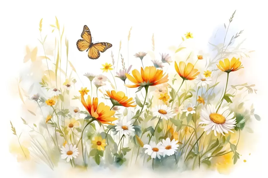 Fototapete Ein leuchtendes, aquarellartiges Blumenfeld mit orangefarbenen und gelben Blüten und einem Schmetterling über den Blüten w08739