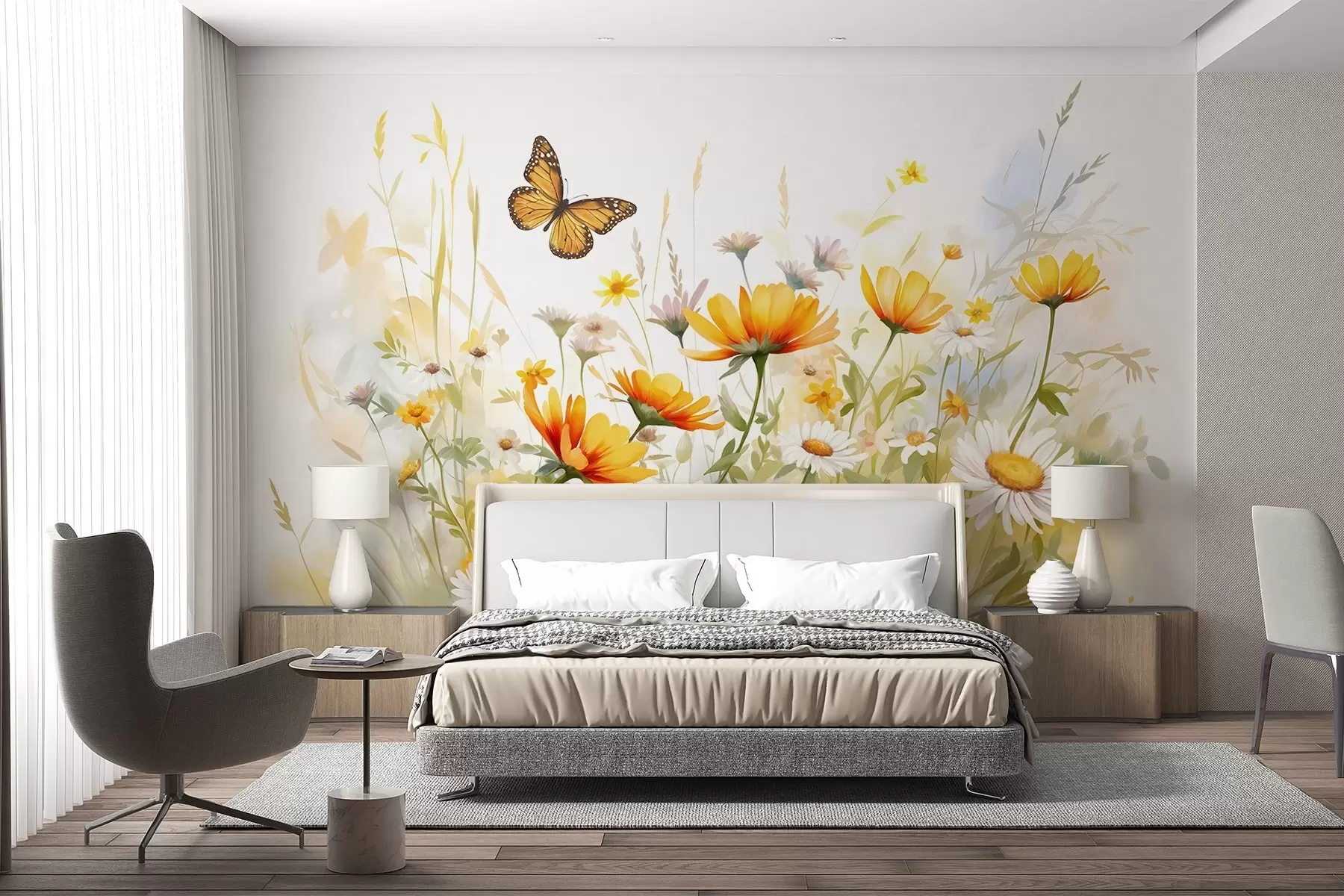 Fototapete Ein leuchtendes, aquarellartiges Blumenfeld mit orangefarbenen und gelben Blüten und einem Schmetterling über den Blüten w08739