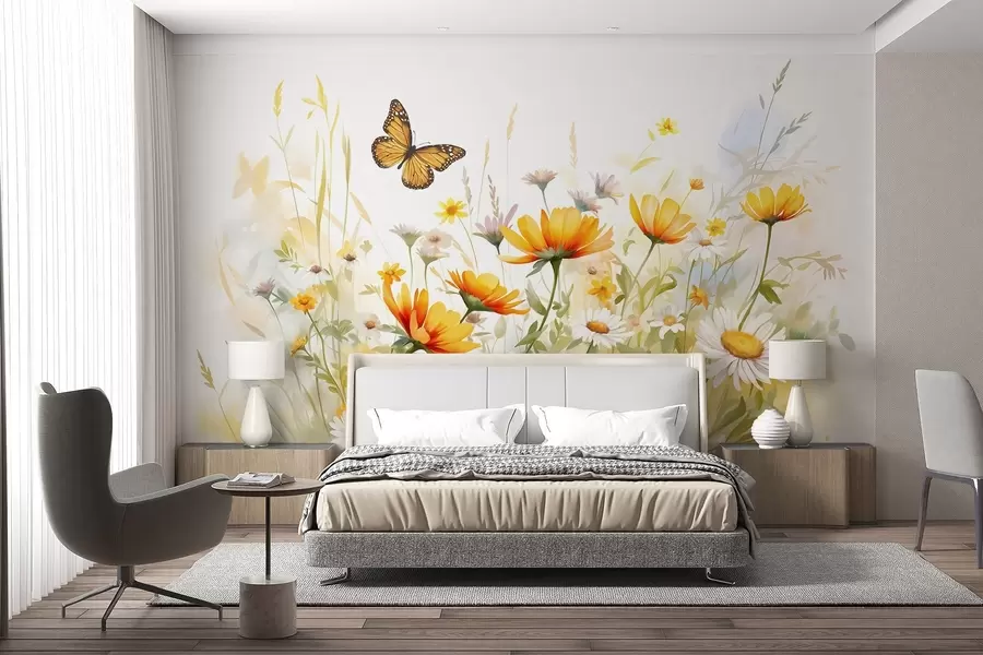 Fototapete Ein leuchtendes, aquarellartiges Blumenfeld mit orangefarbenen und gelben Blüten und einem Schmetterling über den Blüten w08739