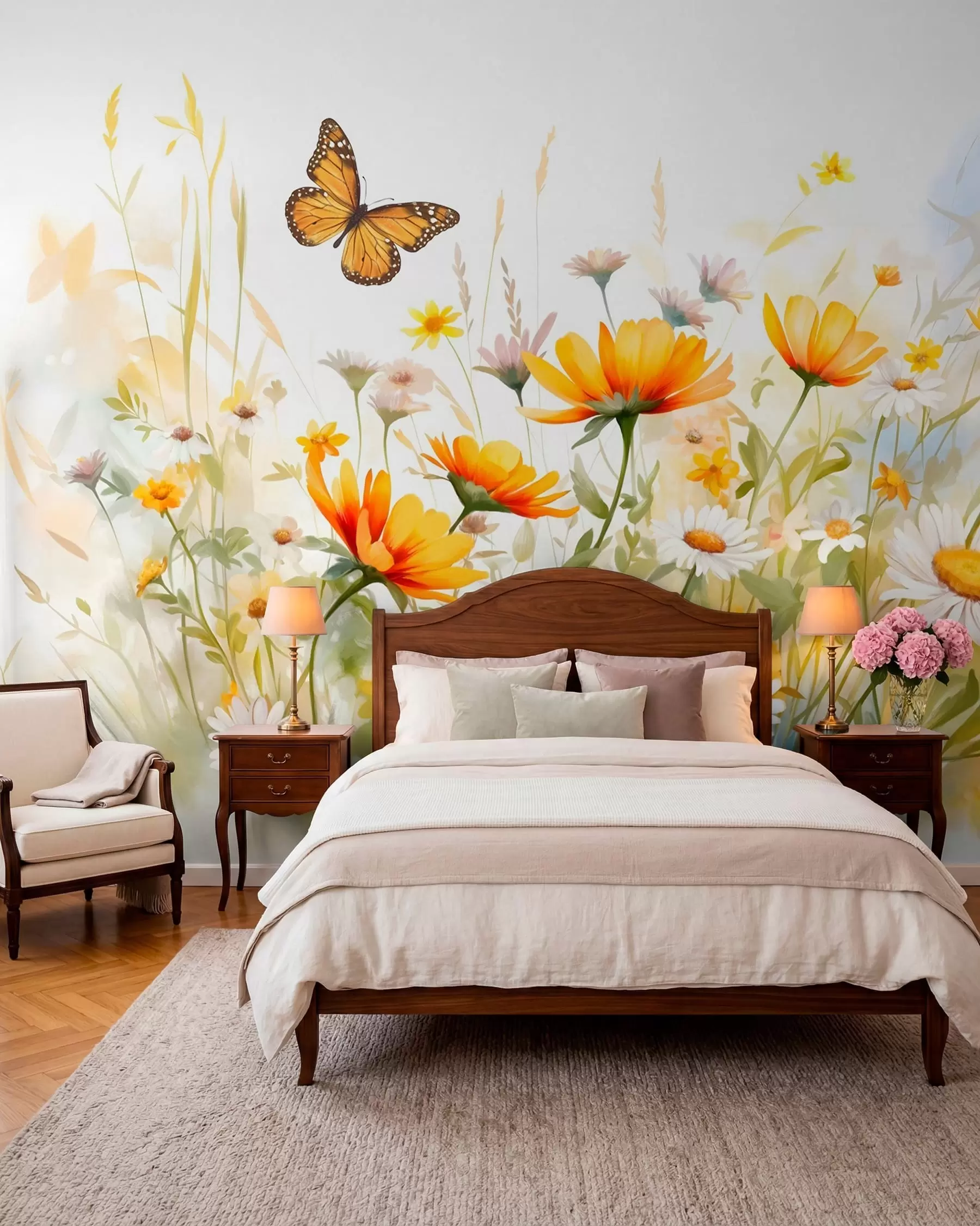 Fototapete Ein leuchtendes, aquarellartiges Blumenfeld mit orangefarbenen und gelben Blüten und einem Schmetterling über den Blüten w08739