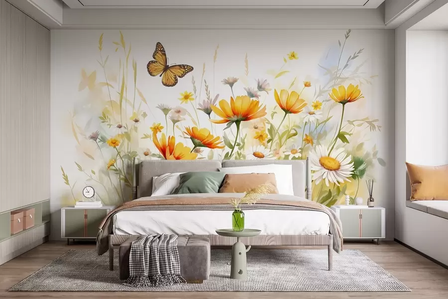 Fototapete Ein leuchtendes, aquarellartiges Blumenfeld mit orangefarbenen und gelben Blüten und einem Schmetterling über den Blüten w08739
