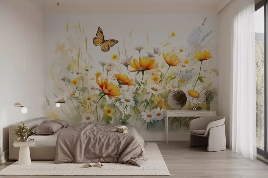 Fototapete Ein leuchtendes, aquarellartiges Blumenfeld mit orangefarbenen und gelben Blüten und einem Schmetterling über den Blüten w08739