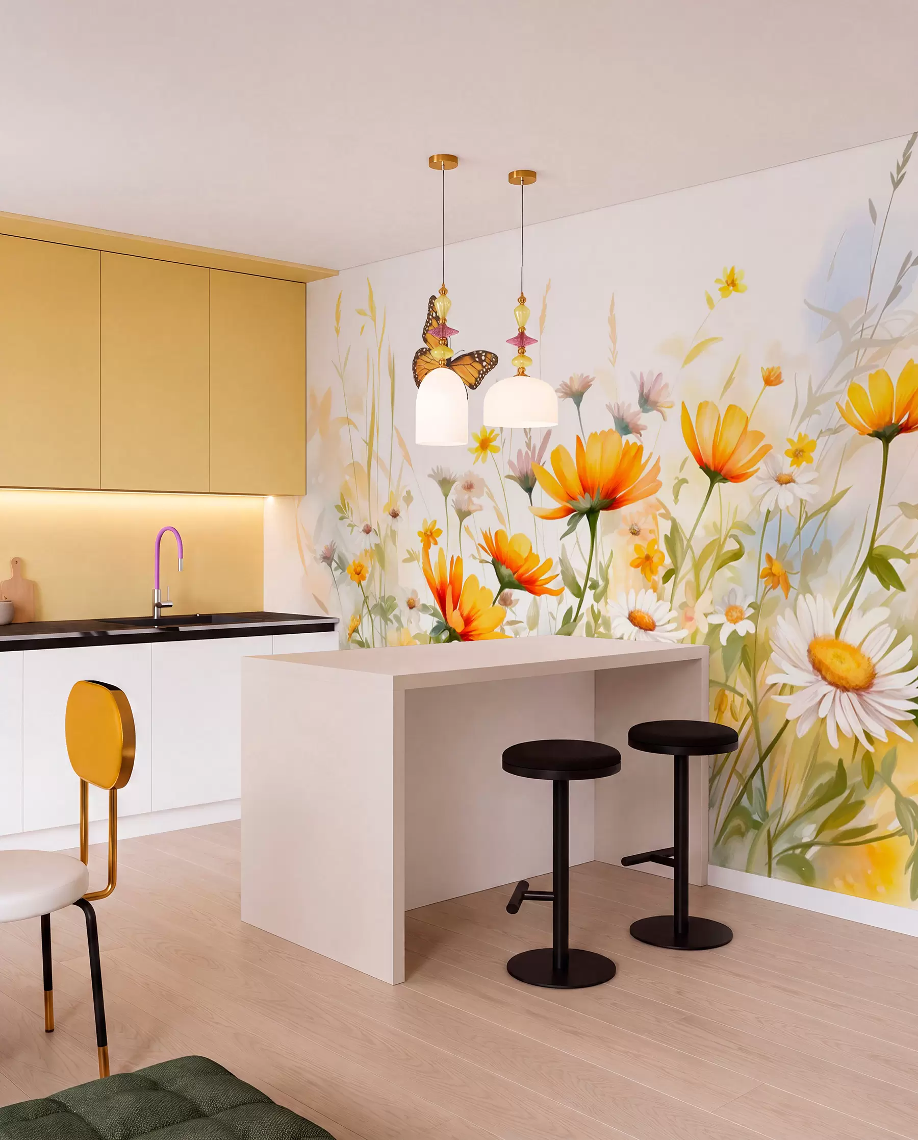 Fototapete Ein leuchtendes, aquarellartiges Blumenfeld mit orangefarbenen und gelben Blüten und einem Schmetterling über den Blüten w08739