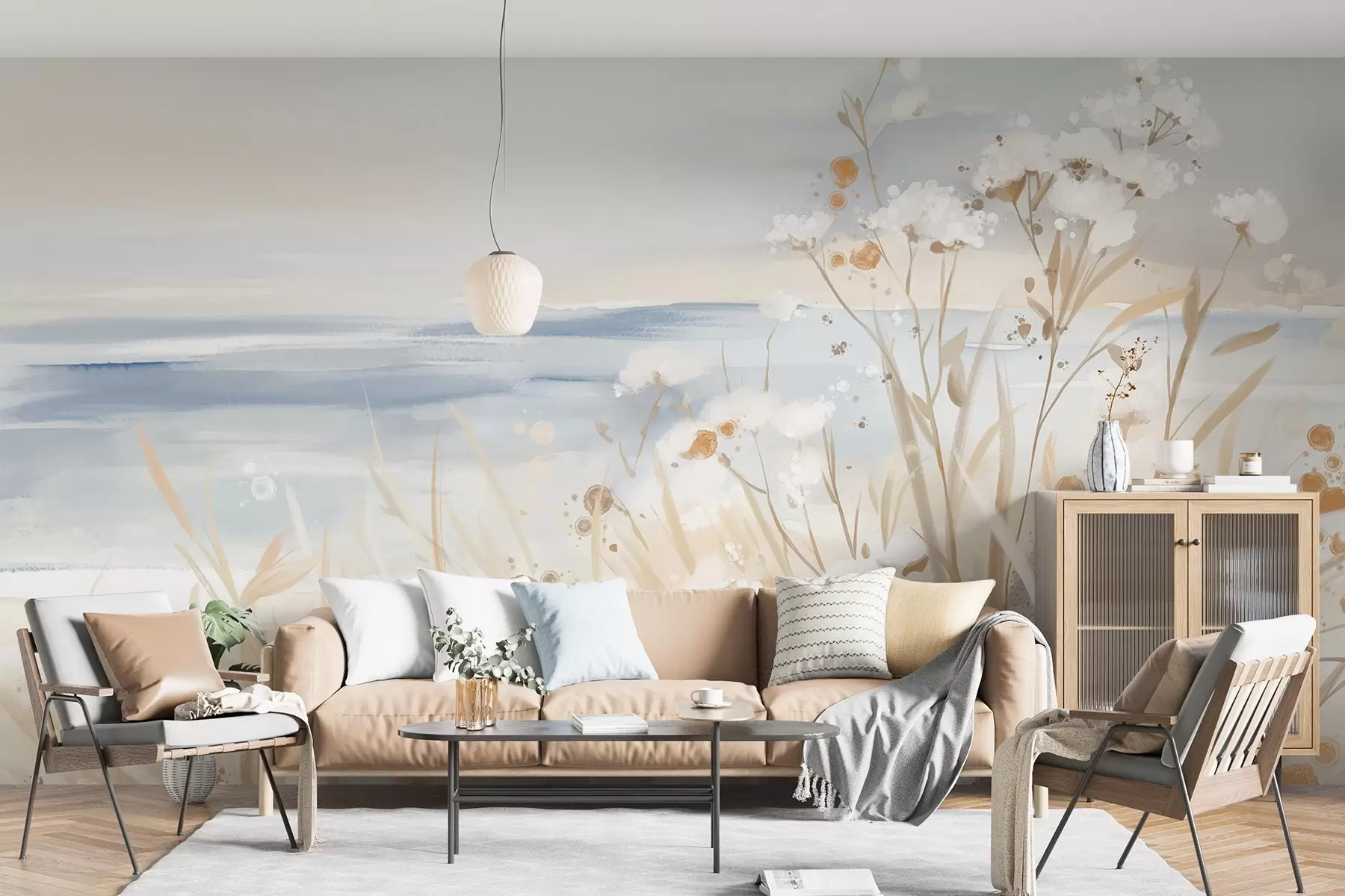 Fototapete Weiße abstrakte Blumen mit zarten Stängeln in einem Gras, vor einem weichen, gedämpften Hintergrund eines ruhigen Meeres und Himmels w08740