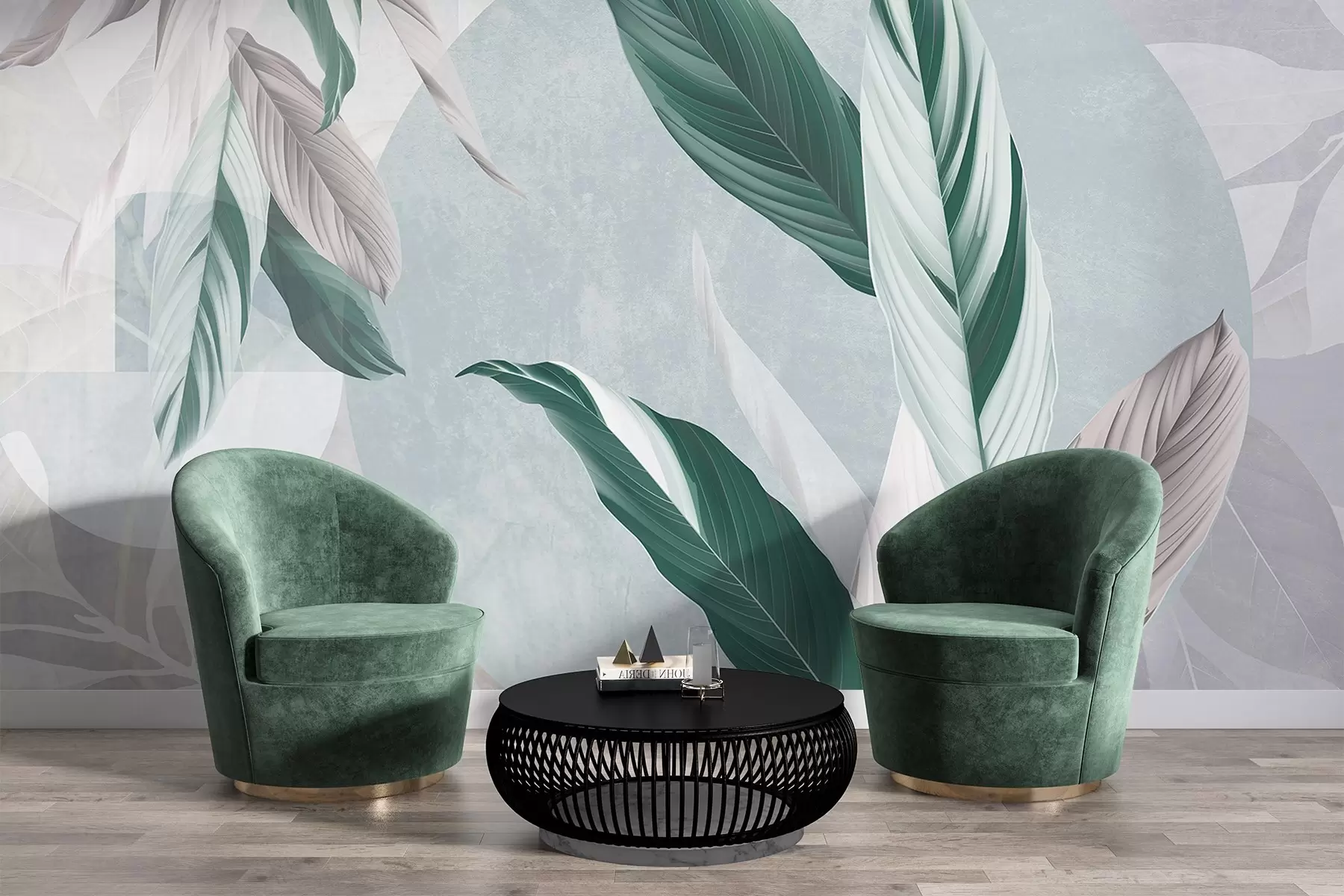 Fototapete Moderne und abstrakte geometrische Texturkomposition mit detaillierten Blättern in Grüntönen, hellem Lila und Weiß w08741v1