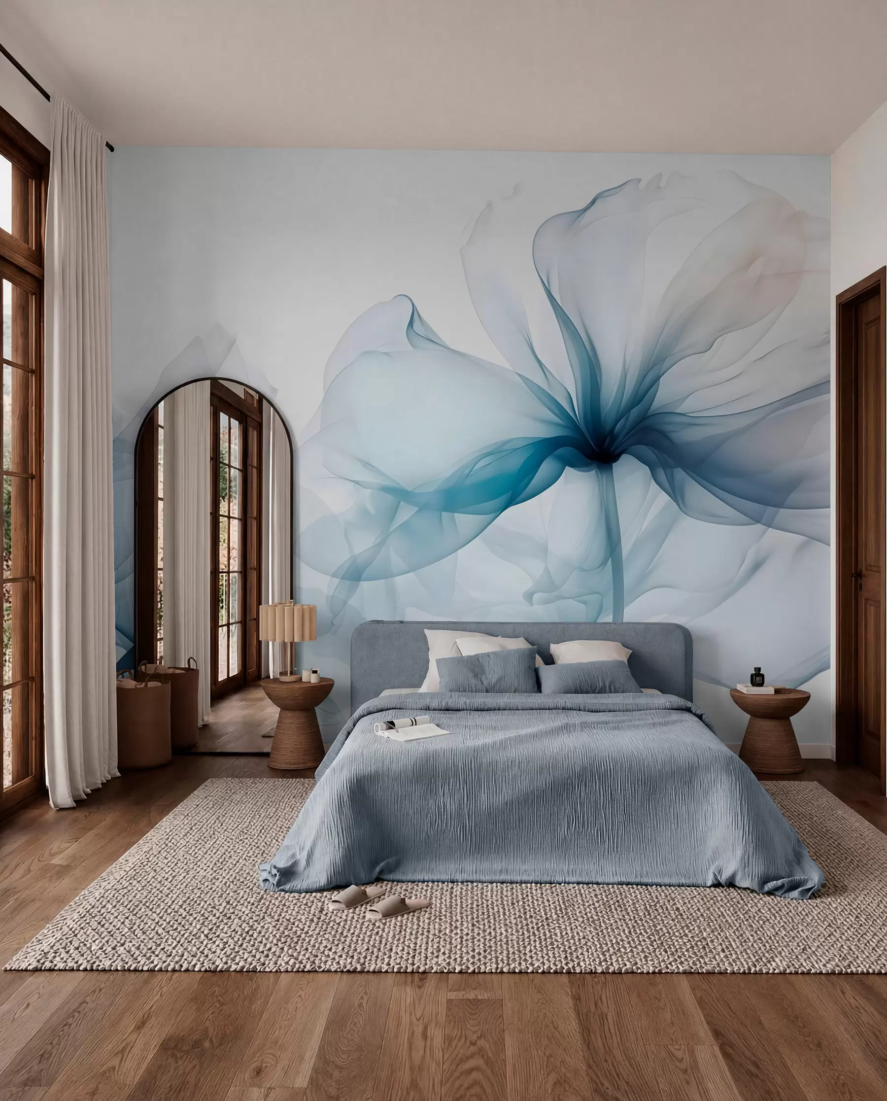 Fototapete Blaue abstrakte Blumen mit weichen, durchscheinenden, fließenden Blütenblättern und zarten Details vor einem weißen Hintergrund w08742