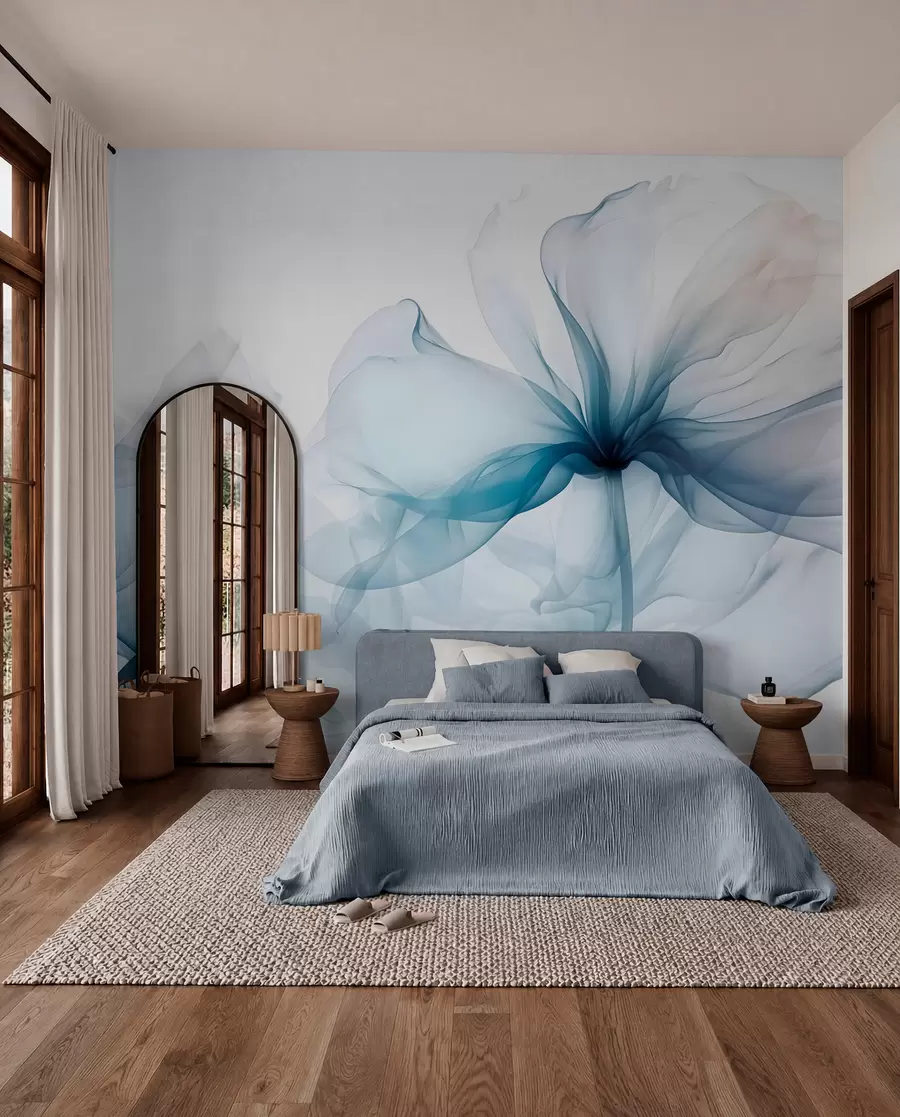 Fototapete Blaue abstrakte Blumen mit weichen, durchscheinenden, fließenden Blütenblättern und zarten Details vor einem weißen Hintergrund w08742