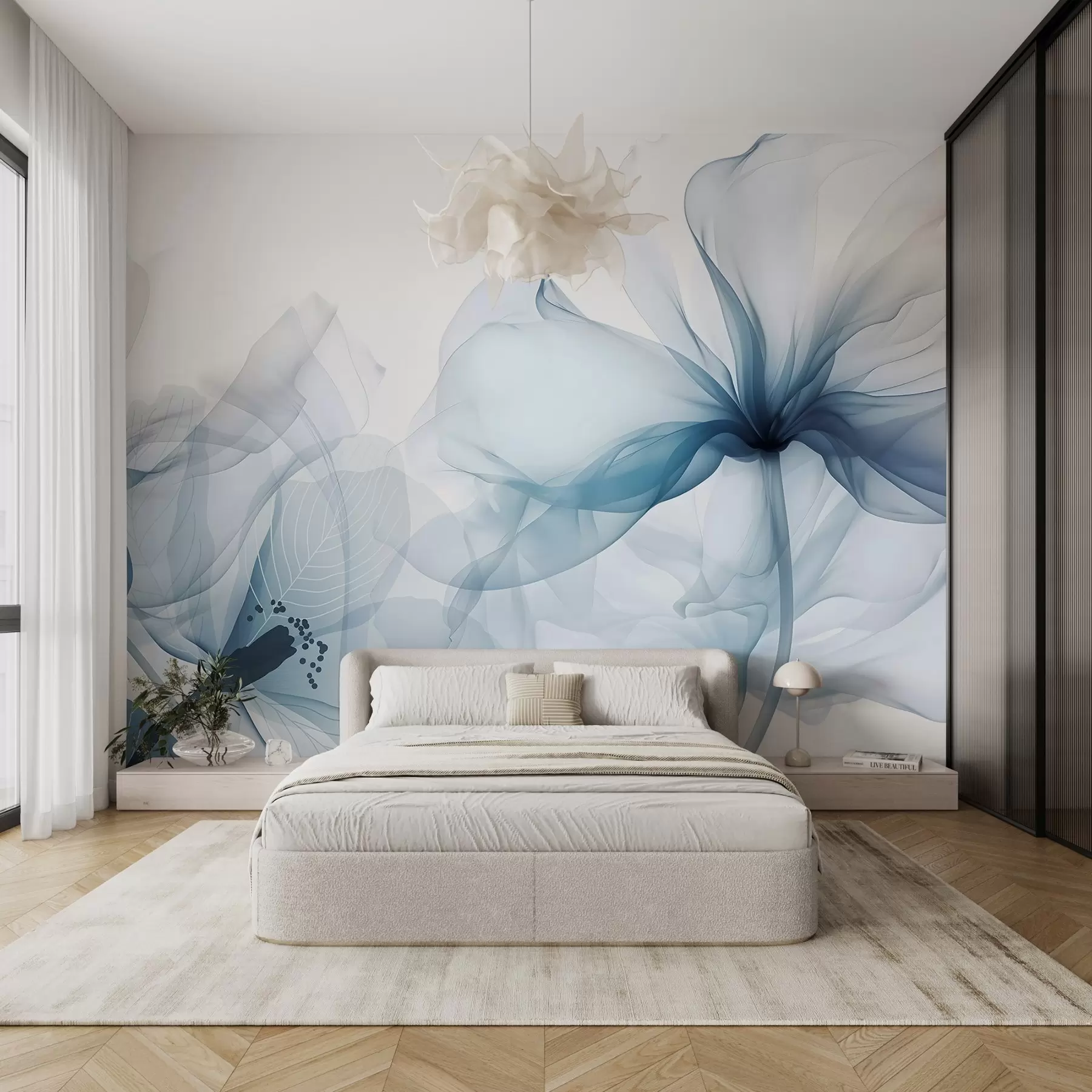 Fototapete Blaue abstrakte Blumen mit weichen, durchscheinenden, fließenden Blütenblättern und zarten Details vor einem weißen Hintergrund w08742