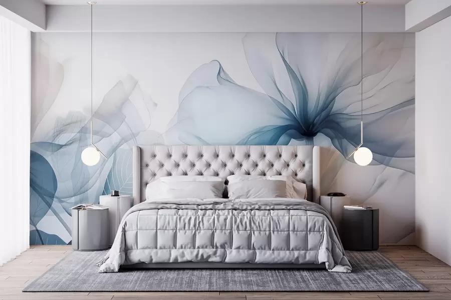 Fototapete Blaue abstrakte Blumen mit weichen, durchscheinenden, fließenden Blütenblättern und zarten Details vor einem weißen Hintergrund w08742