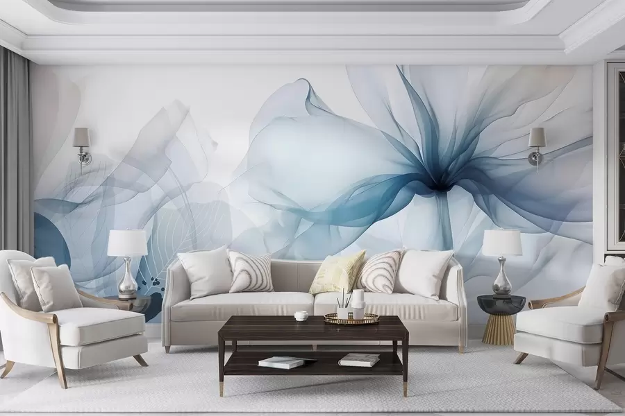 Fototapete Blaue abstrakte Blumen mit weichen, durchscheinenden, fließenden Blütenblättern und zarten Details vor einem weißen Hintergrund w08742