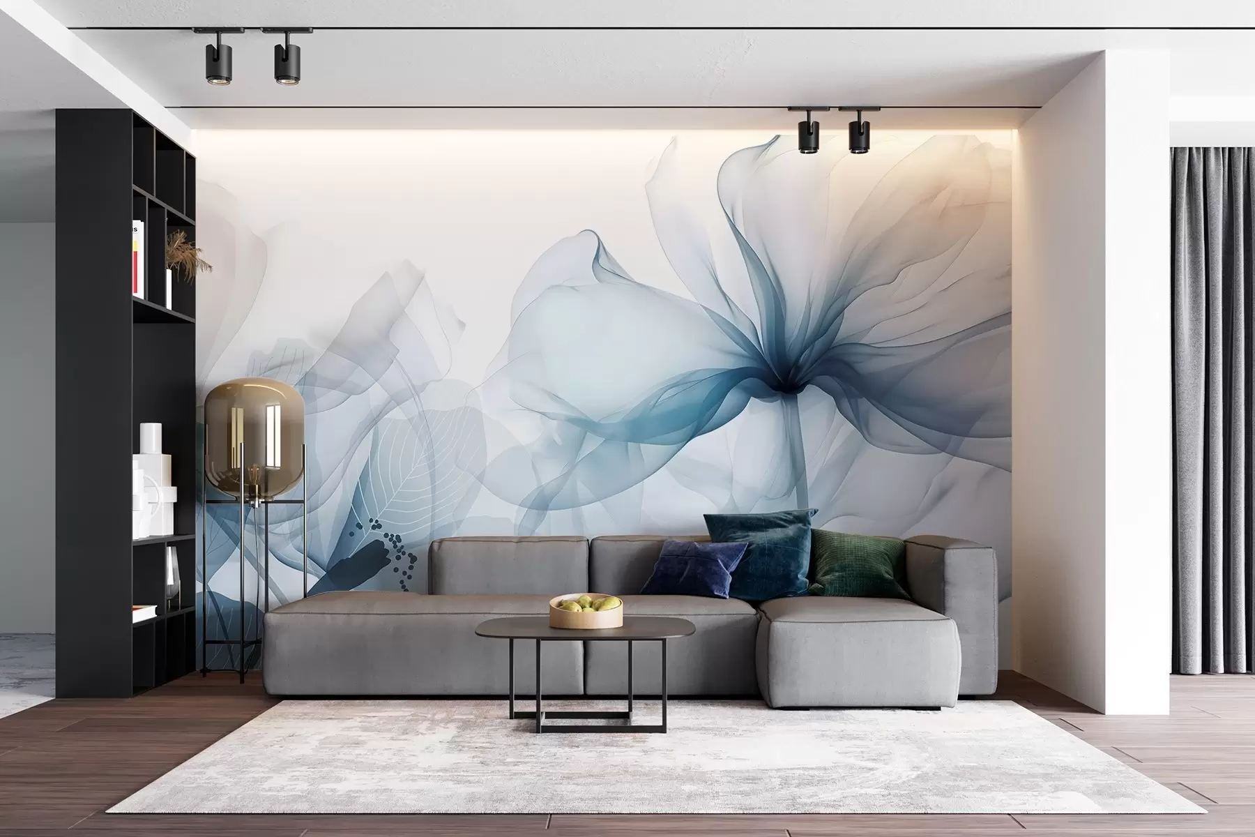 Fototapete Blaue abstrakte Blumen mit weichen, durchscheinenden, fließenden Blütenblättern und zarten Details vor einem weißen Hintergrund w08742