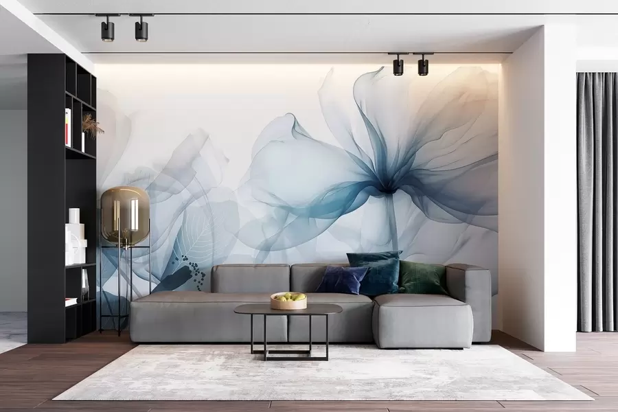 Fototapete Blaue abstrakte Blumen mit weichen, durchscheinenden, fließenden Blütenblättern und zarten Details vor einem weißen Hintergrund w08742