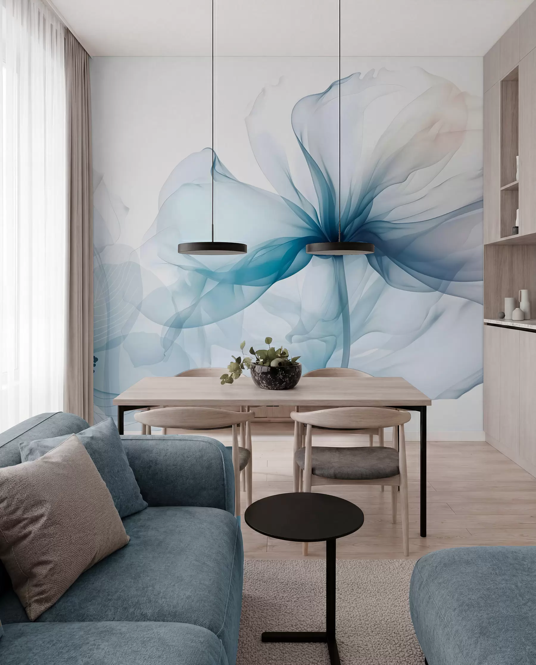 Fototapete Blaue abstrakte Blumen mit weichen, durchscheinenden, fließenden Blütenblättern und zarten Details vor einem weißen Hintergrund w08742
