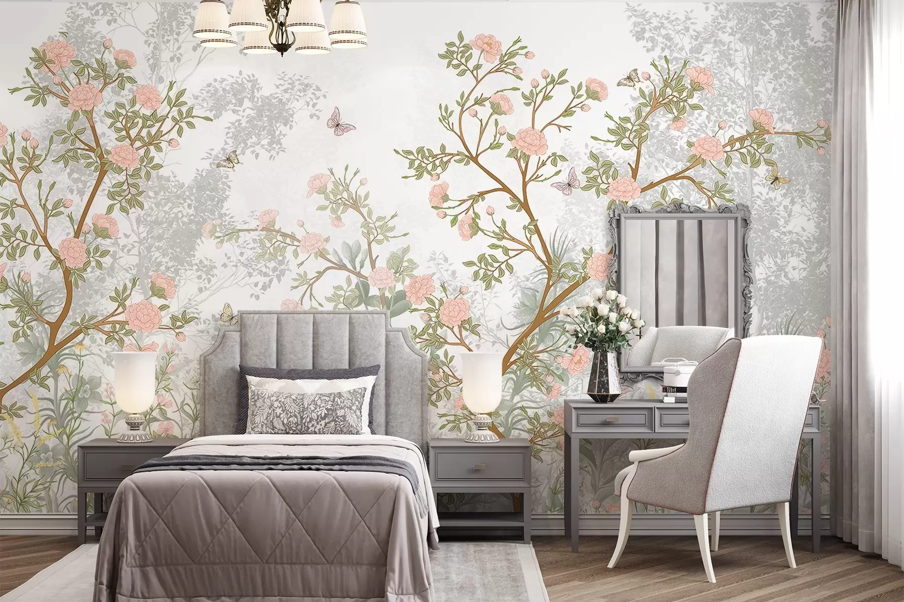 Fototapete Zartrosa blühende Bäume, fliegende Schmetterlinge und grüne Blätter, die sich mit schlanken Ästen verflechten w08744