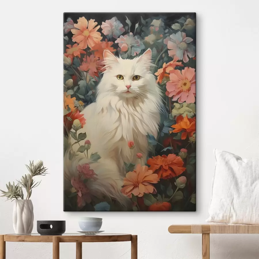 Wandbilder Weiße Katze in Blumen s42905