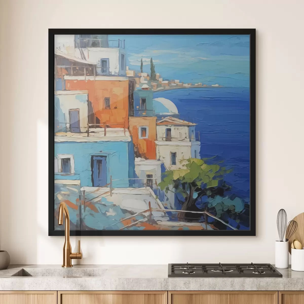 Poster Häuser am Meer Nachahmung von Malerstrichen f42899