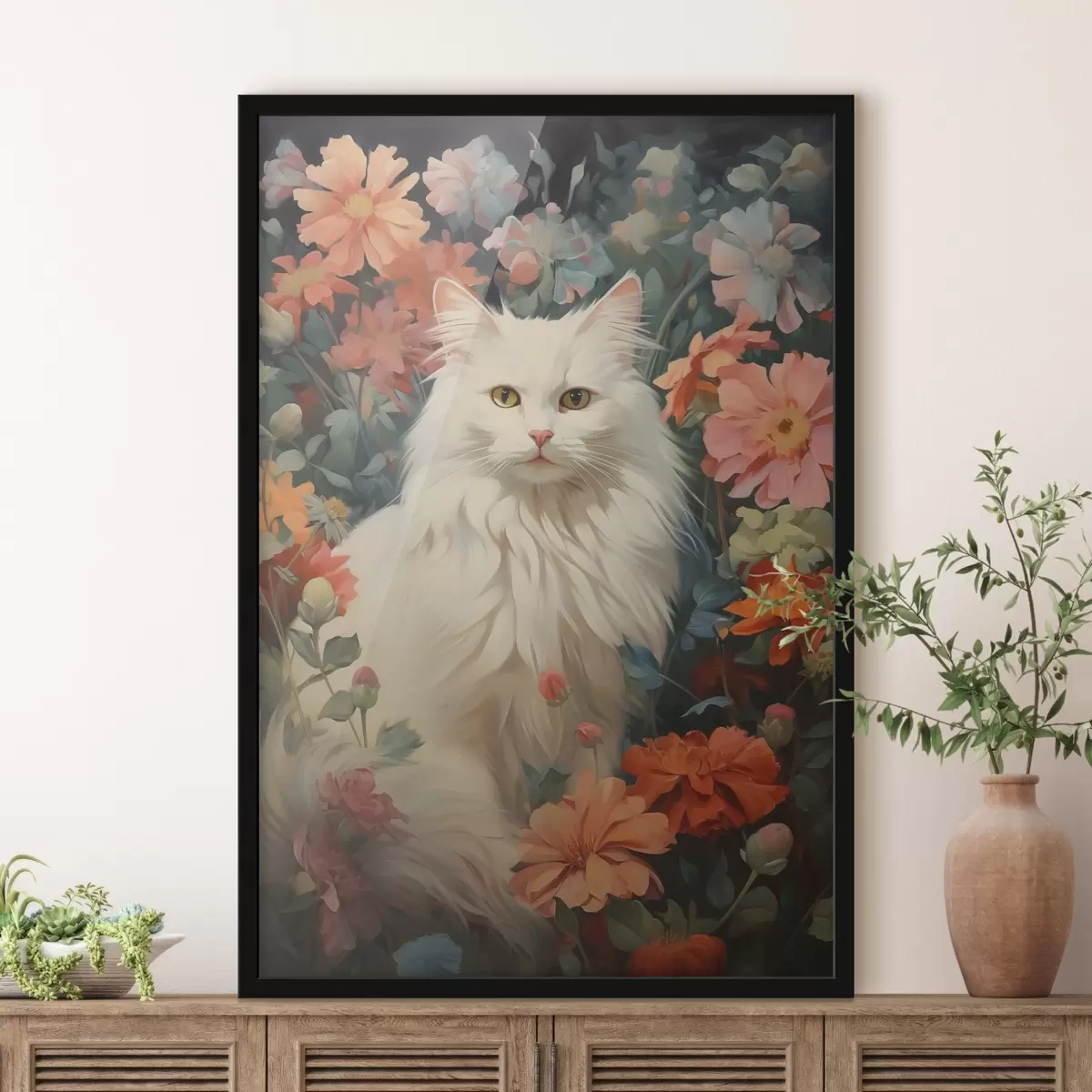 Poster Weiße Katze in Blumen f42905