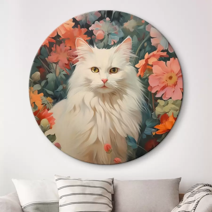 Wandbilder Weiße Katze in Blumen r42905