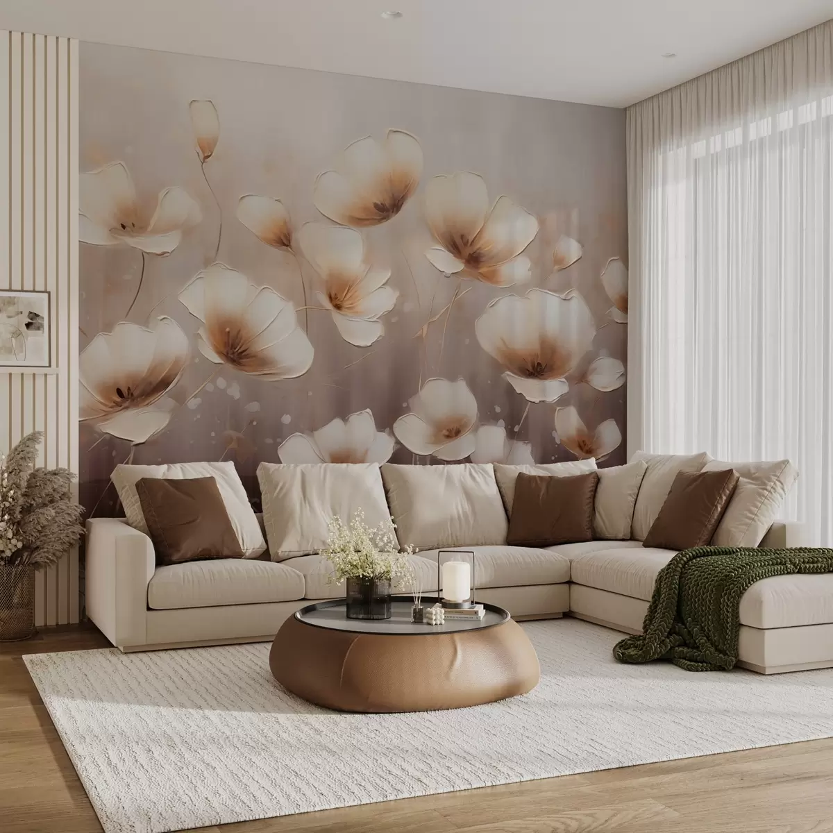 Fototapete Elegante Blumen mit zarten, weichen Blütenblättern in beige-roten Farbtönen w08746v2