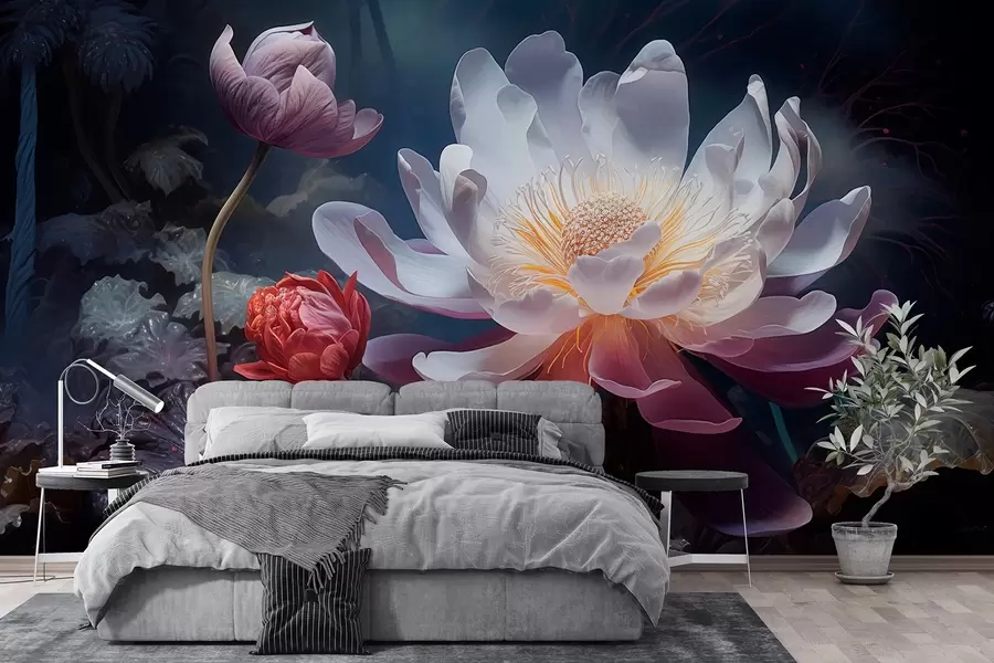 Fototapete Fantastische Blumen blühen in einer märchenhaft dunklen Atmosphäre w08747