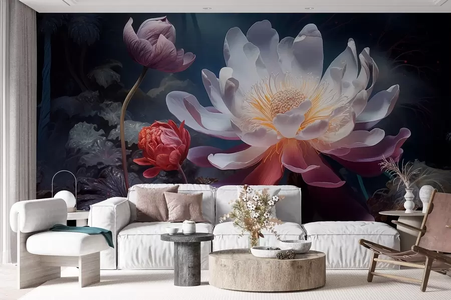 Fototapete Fantastische Blumen blühen in einer märchenhaft dunklen Atmosphäre w08747