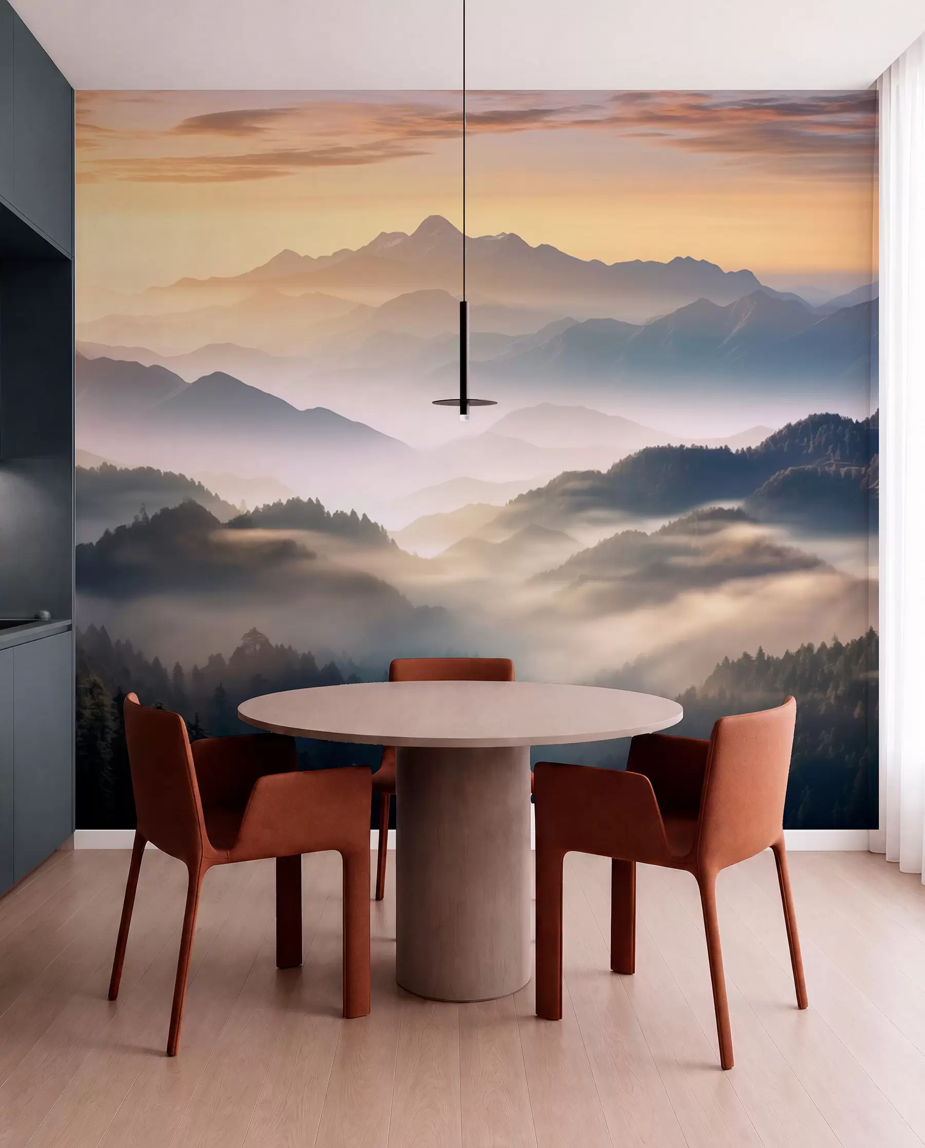 Fototapete Ruhige Berglandschaft in der Morgendämmerung, mit leichtem Nebel, der die Kiefern umhüllt w08748