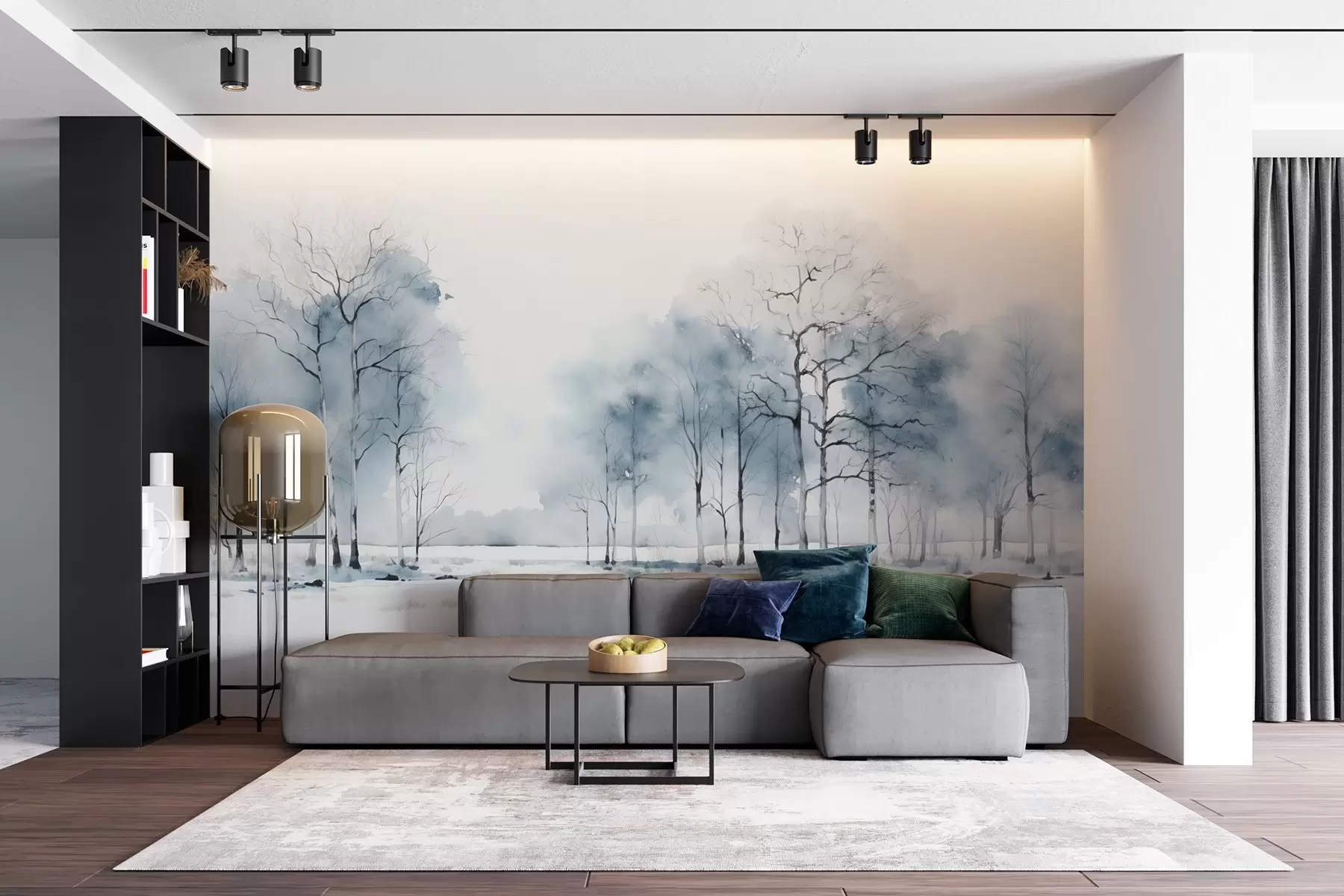 Fototapete Blaue Bäume in einem Aquarell-Stil auf weißem Hintergrund w08753