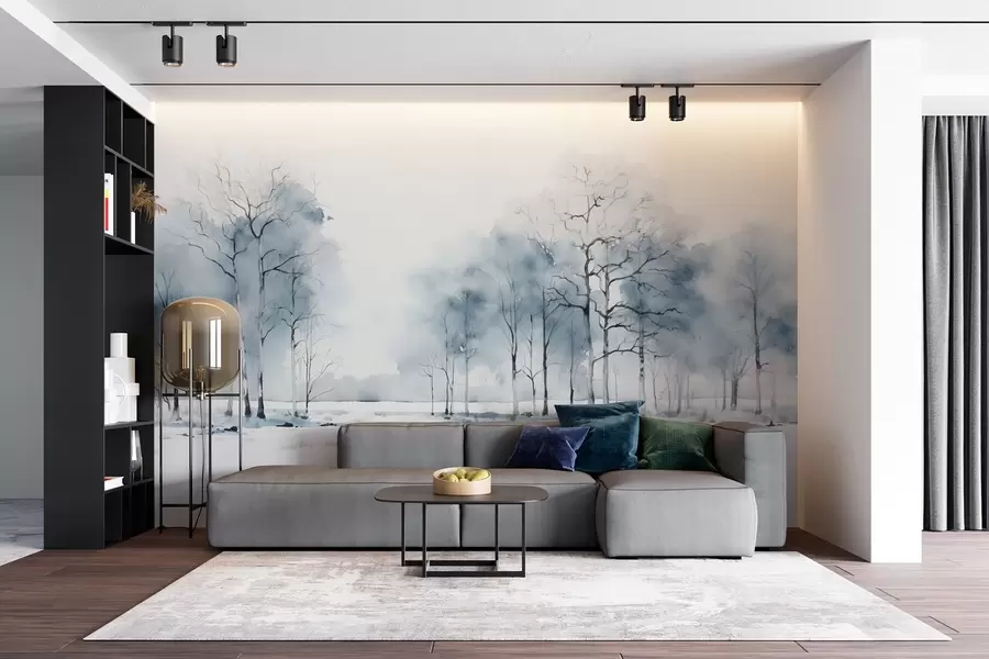Fototapete Blaue Bäume in einem Aquarell-Stil auf weißem Hintergrund w08753