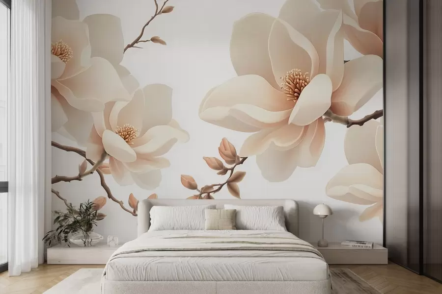 Fototapete Cremefarbene Magnolienzweige auf weißem Hintergrund w08755