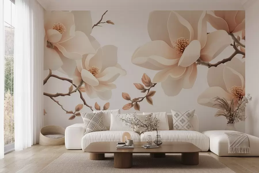 Fototapete Cremefarbene Magnolienzweige auf weißem Hintergrund w08755