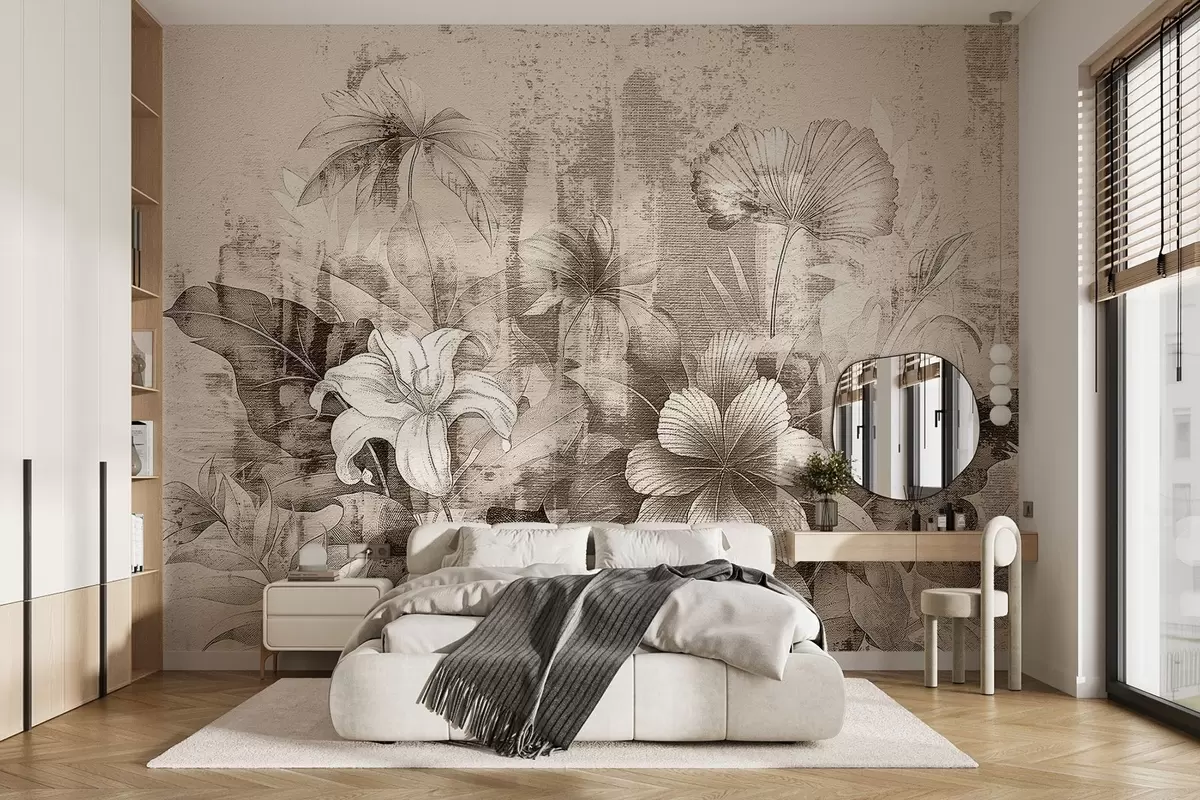 Fototapete Vintage-Design mit exotischen Blumen und Pflanzen w08767v2