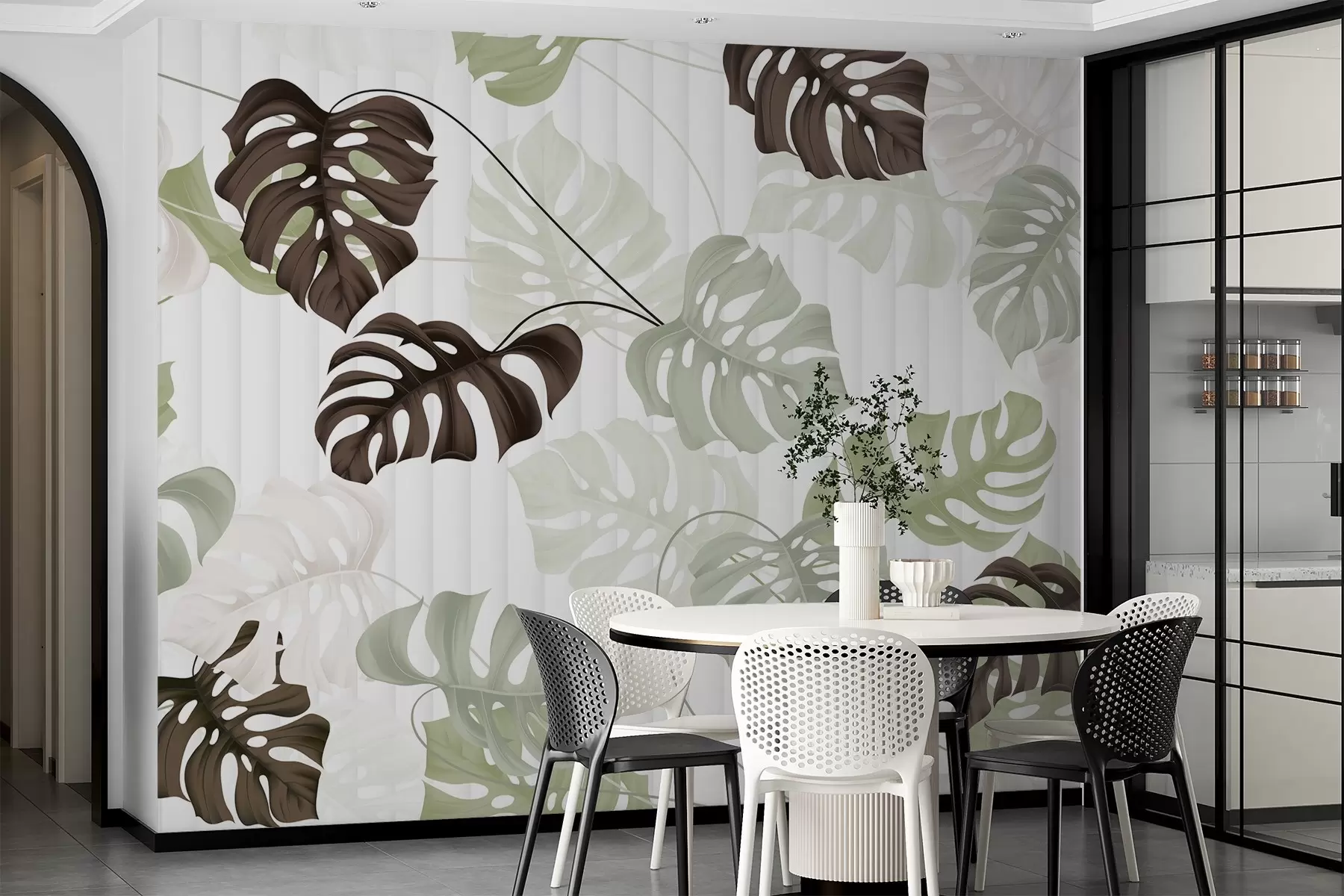 Fototapete Monstera-Blätter in Grün-, Weiß- und Dunkelbrauntönen vor einem hellen, gestreiften Hintergrund w08773