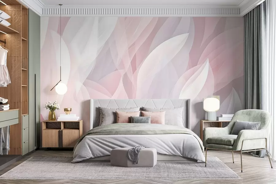 Fototapete Abstraktes Design mit weichen, blütenblattähnlichen Formen in Rosa- und Weißtönen, die einen mehrschichtigen Effekt erzeugen w08774