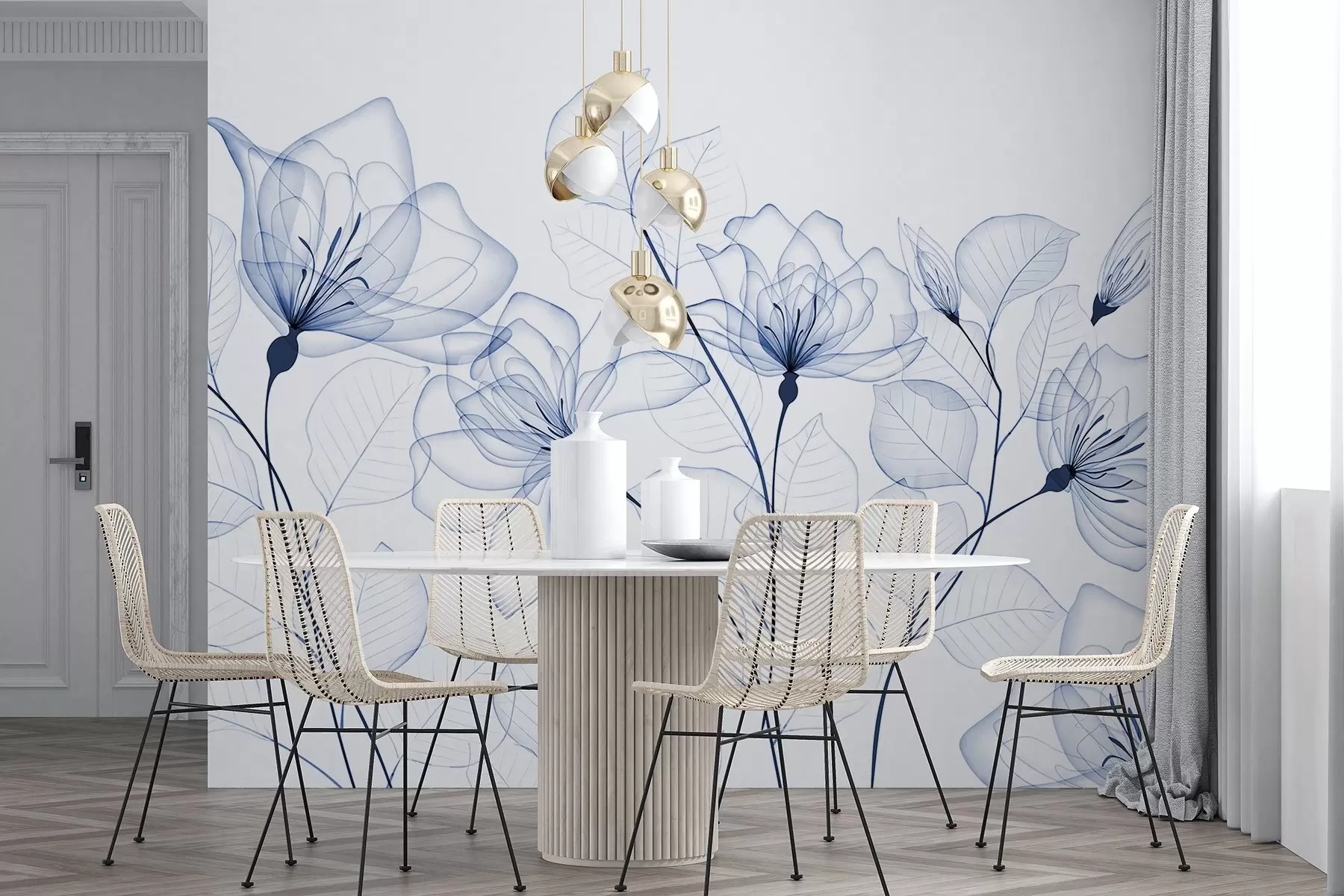 Fototapete Zarte minimalistische blaue Blumen mit transparenten Blütenblättern und Blättern vor einem weißen Hintergrund w08776