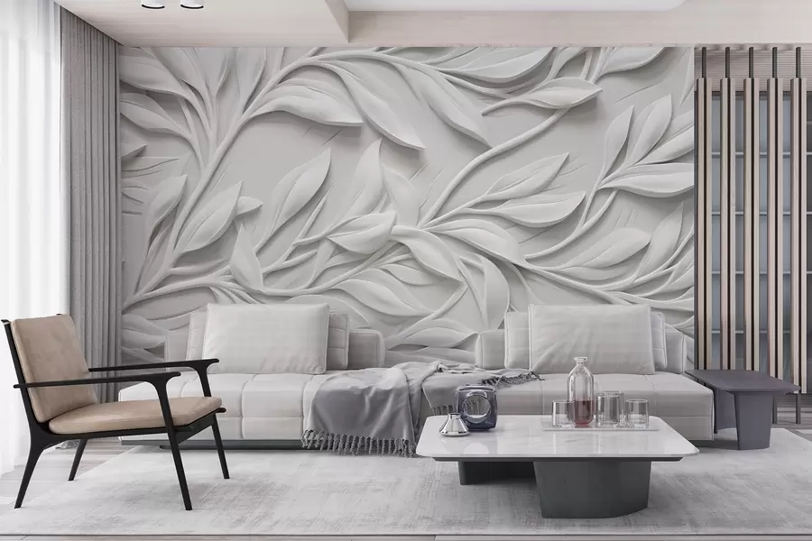 Fototapete Weißer Strukturdruck mit Blättern und Zweigen, die einen voluminösen Imitationseffekt auf einem strukturierten Hintergrund erzeugen w08778