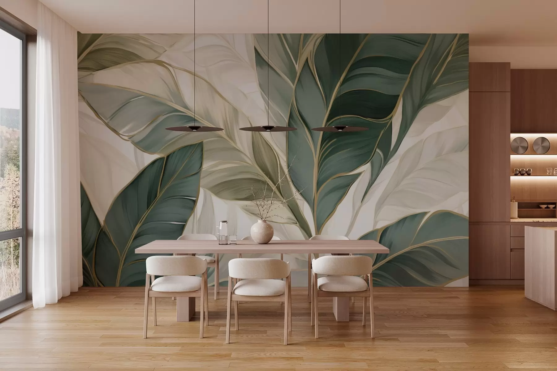 Fototapete Grüne tropische Blätter auf grauem und weißem Hintergrund w03124