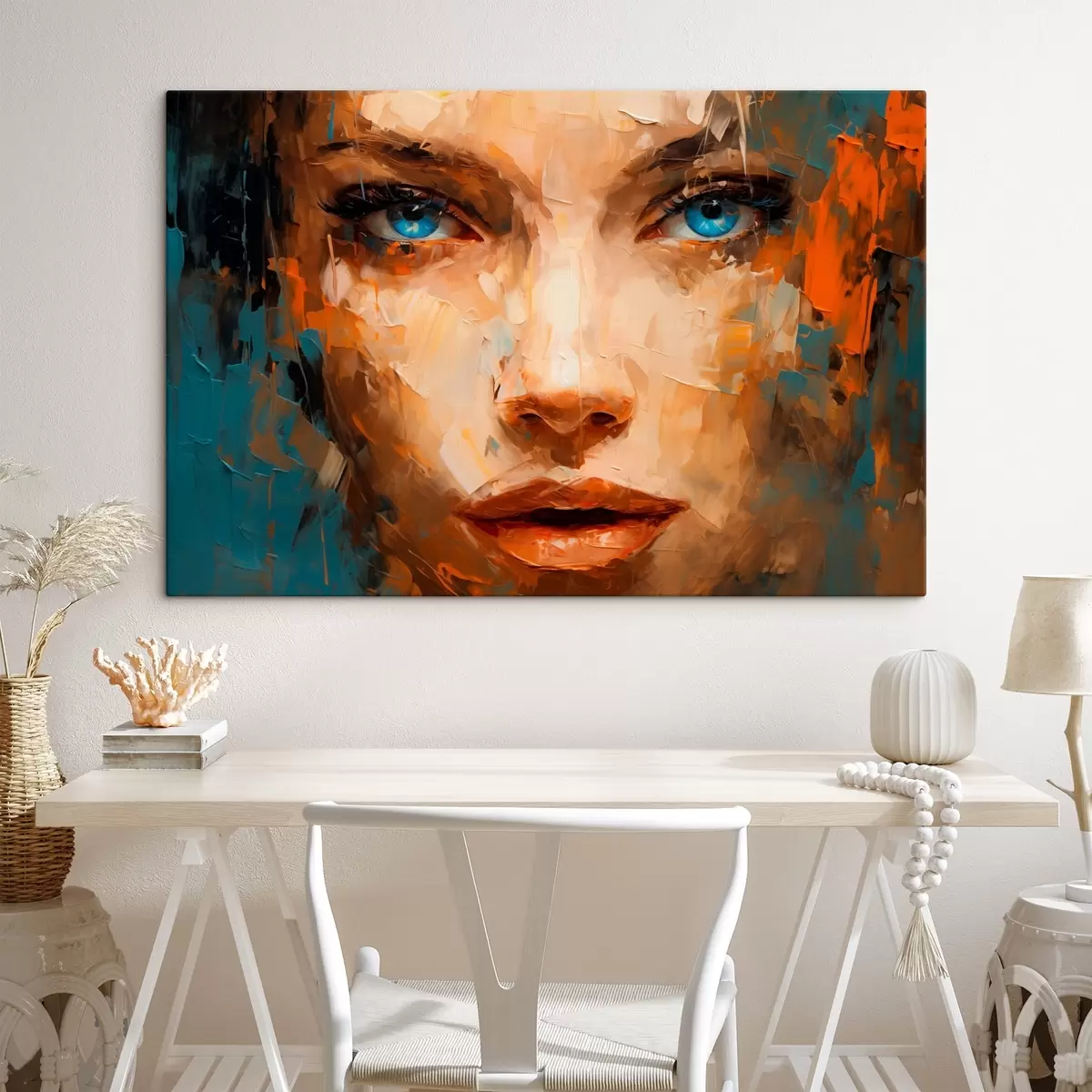 Wandbilder Abstraktes Porträt einer Frau in kräftigen Pinselstrichen mit auffallend blauen Augen s42939