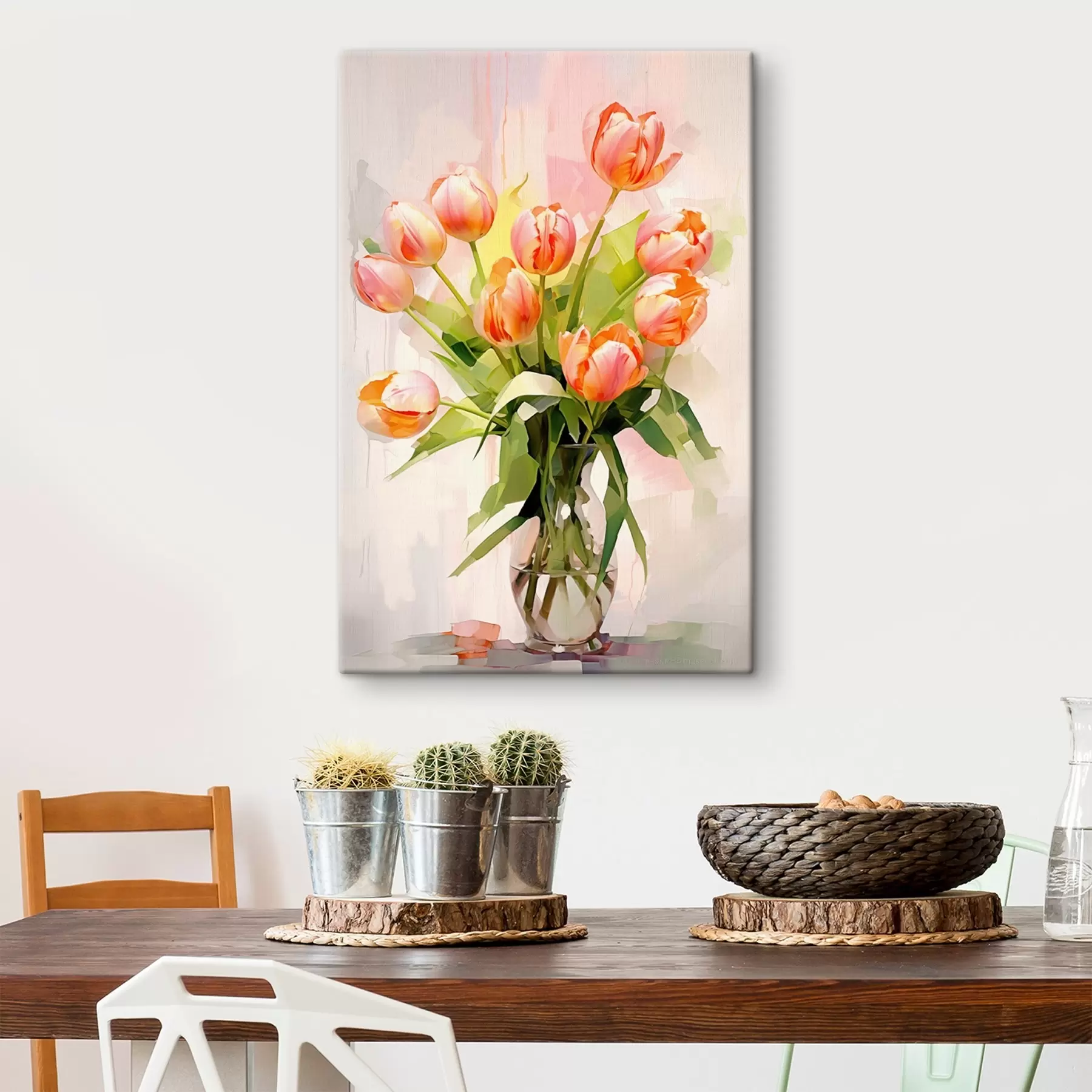 Wandbilder Malerisches Stillleben mit Tulpen in einer Glasvase auf hellem Hintergrund s42940