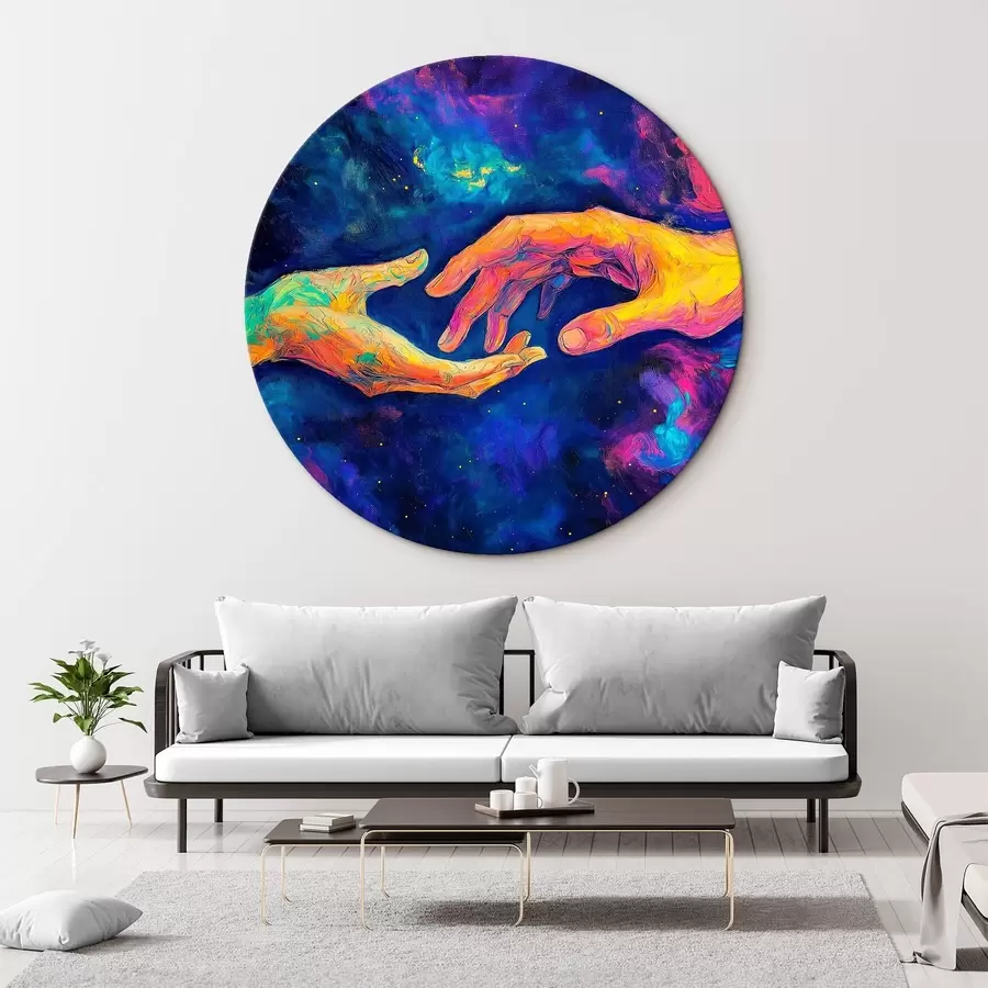 Wandbilder Abstrakte Komposition zweier Hände, die nacheinander greifen, in einer leuchtenden Farbpalette auf einem kosmischen Hintergrund r42937