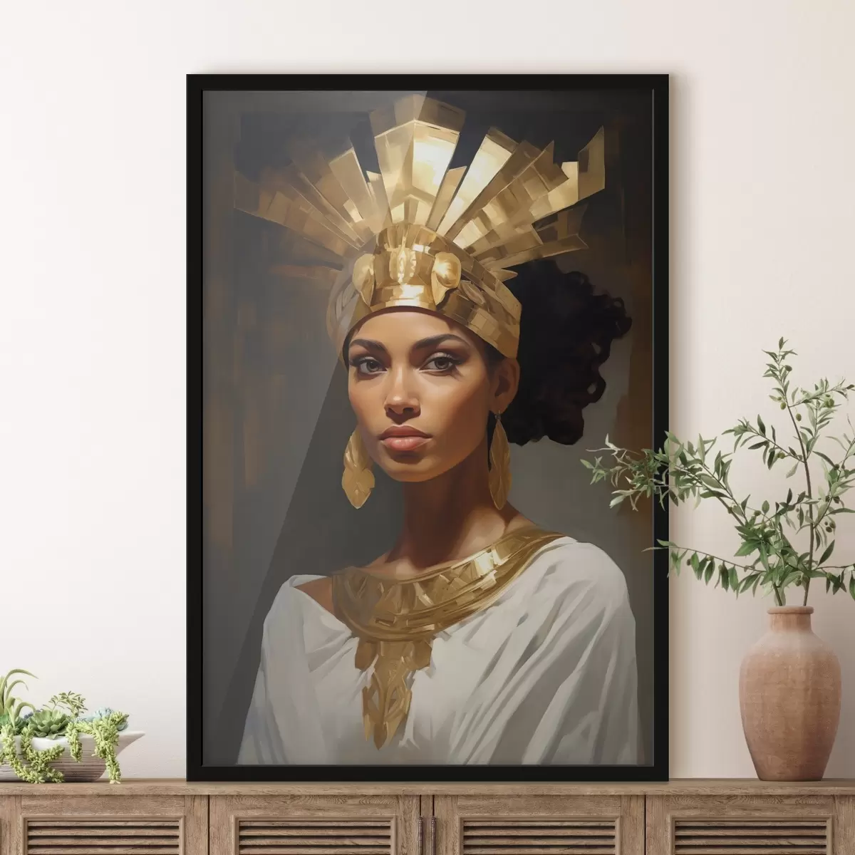 Poster Porträt einer Frau mit majestätischem Kopfschmuck und traditionellen Ornamenten f42931