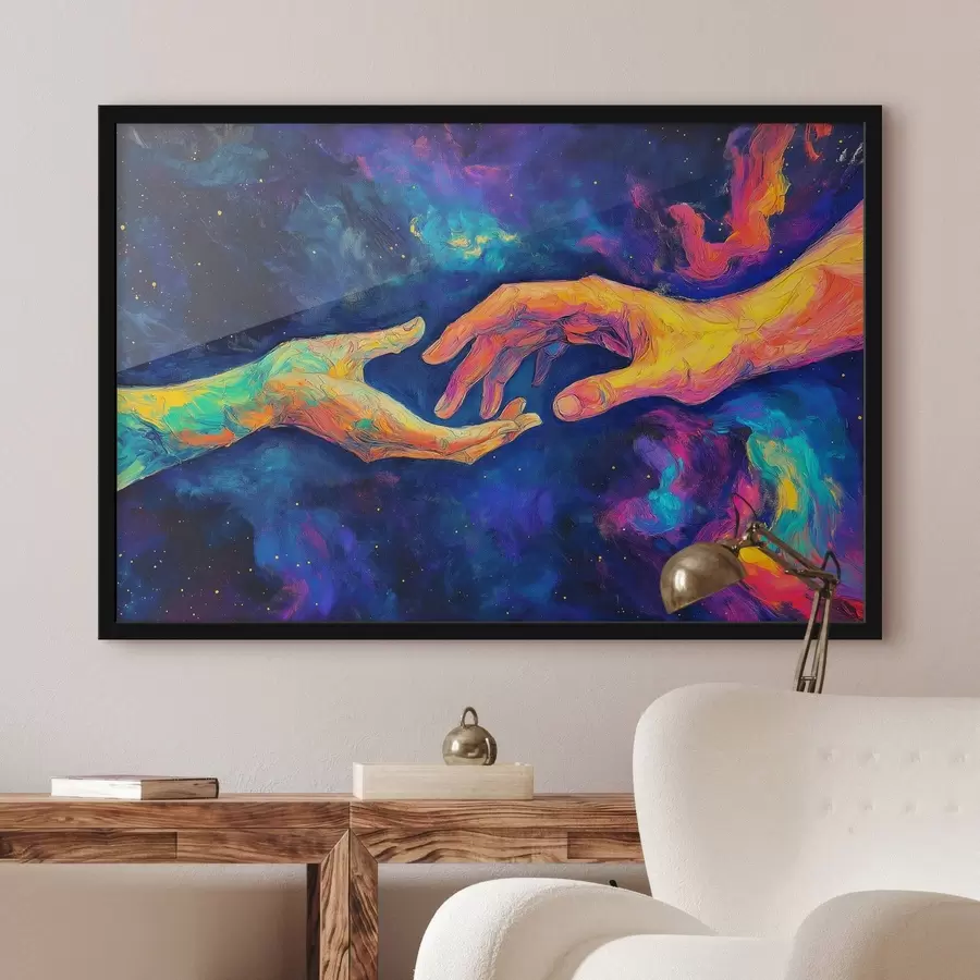 Fototapete Abstrakte Komposition zweier Hände, die nacheinander greifen, in einer leuchtenden Farbpalette auf einem kosmischen Hintergrund f42937