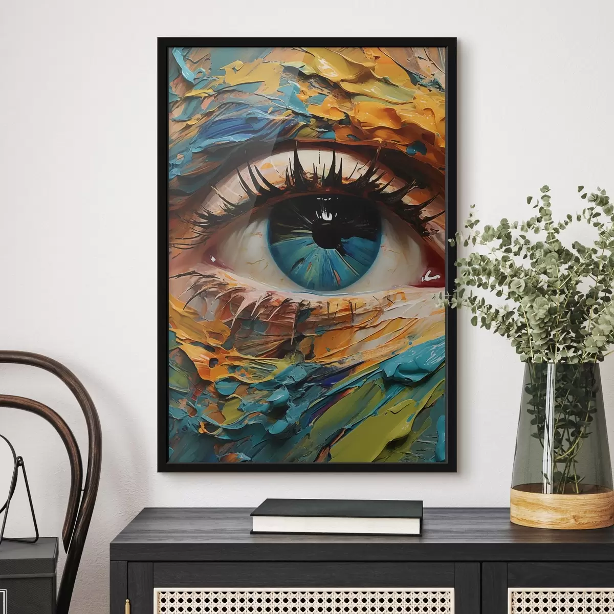 Poster Abstraktes Porträt eines Auges in leuchtenden Farben, mit einem strukturierten Malerei-Effekt f42938