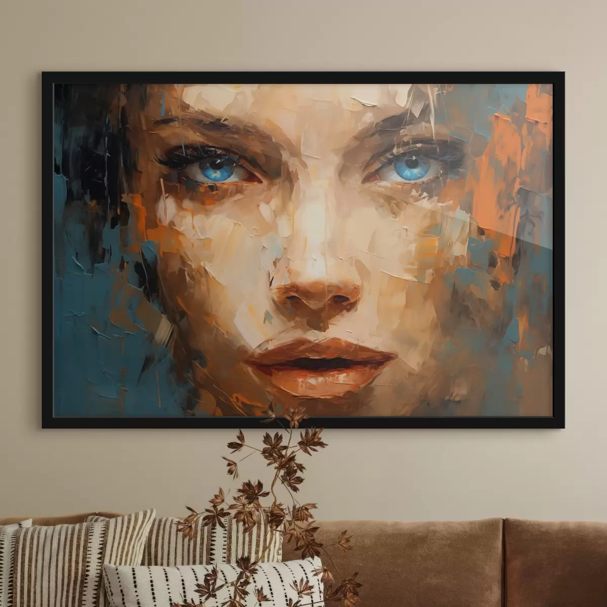 Poster Abstraktes Porträt einer Frau in kräftigen Pinselstrichen mit auffallend blauen Augen f42939