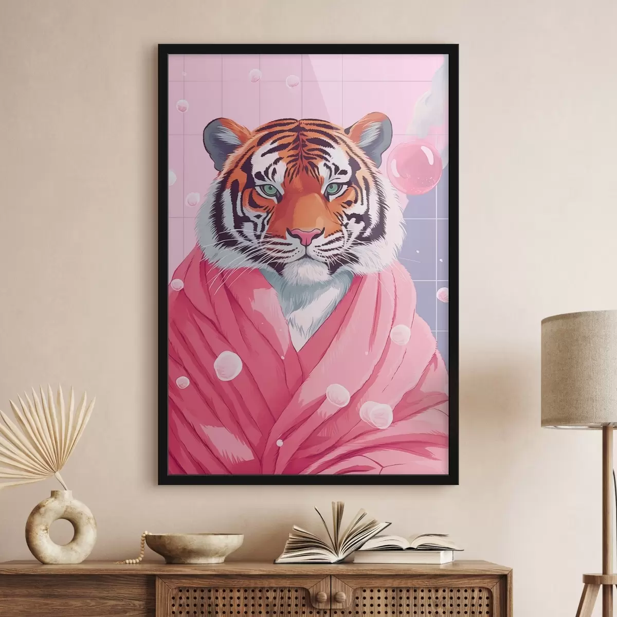Poster Tiger in einem rosa Handtuch f42942