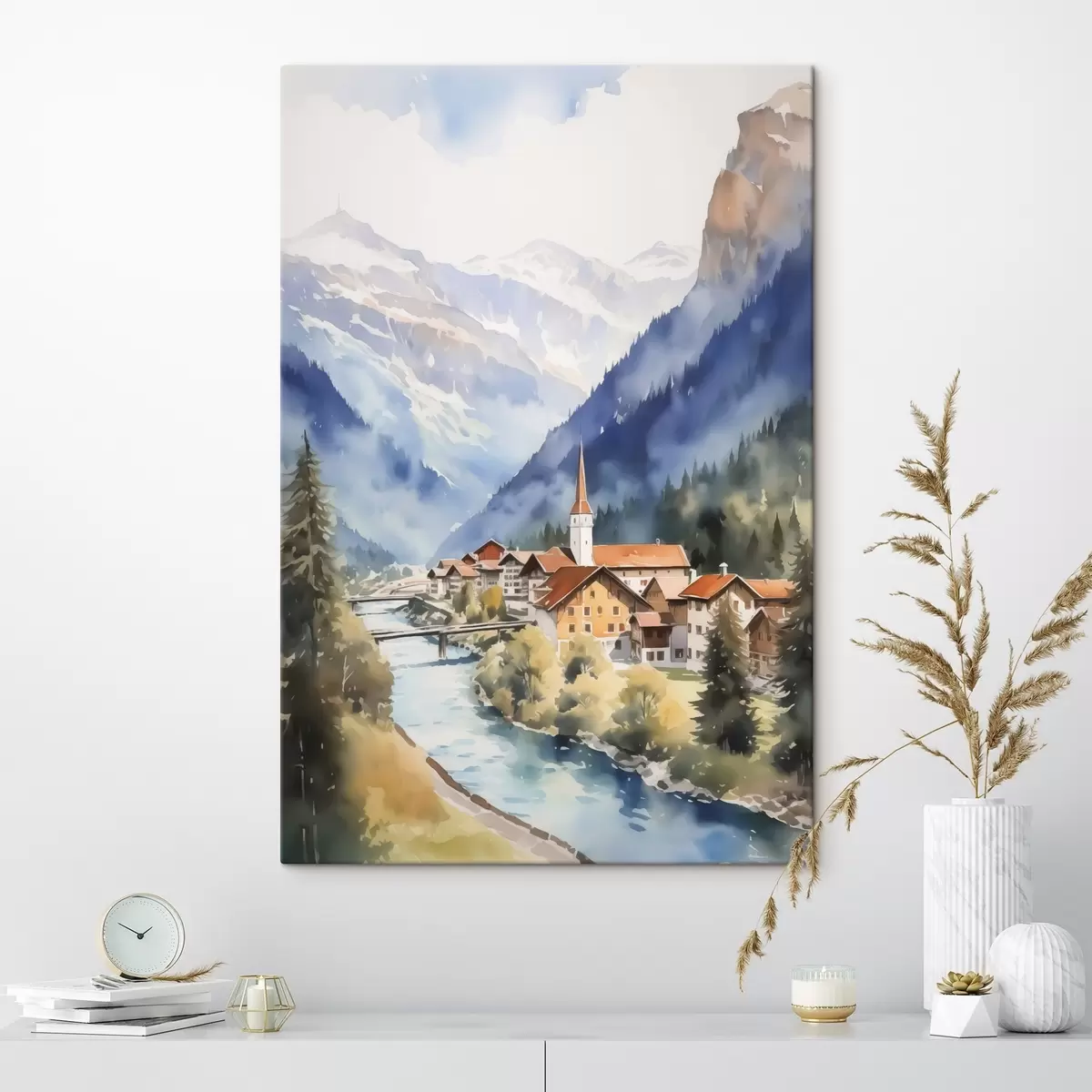 Wandbilder Dorf in der Nähe der Berge Nachahmung Aquarell s42964