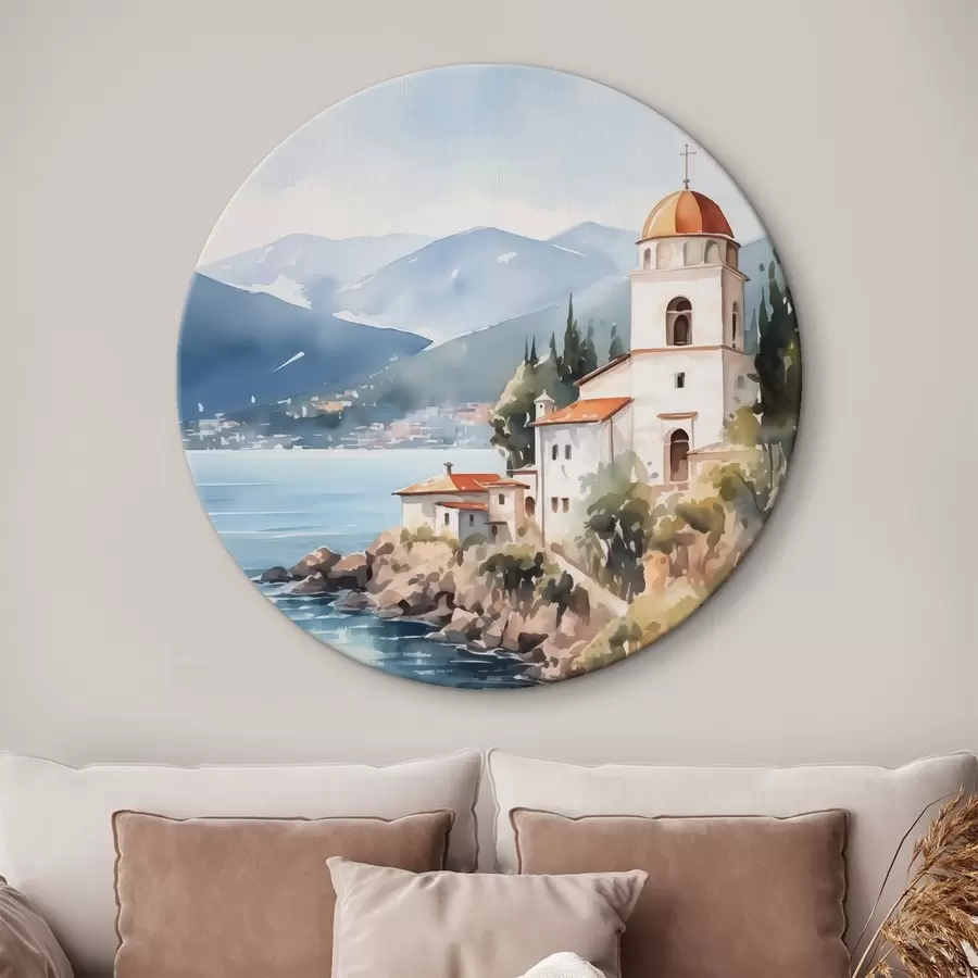 Wandbilder Kirche am Meer mit Bergen im Hintergrund r42962