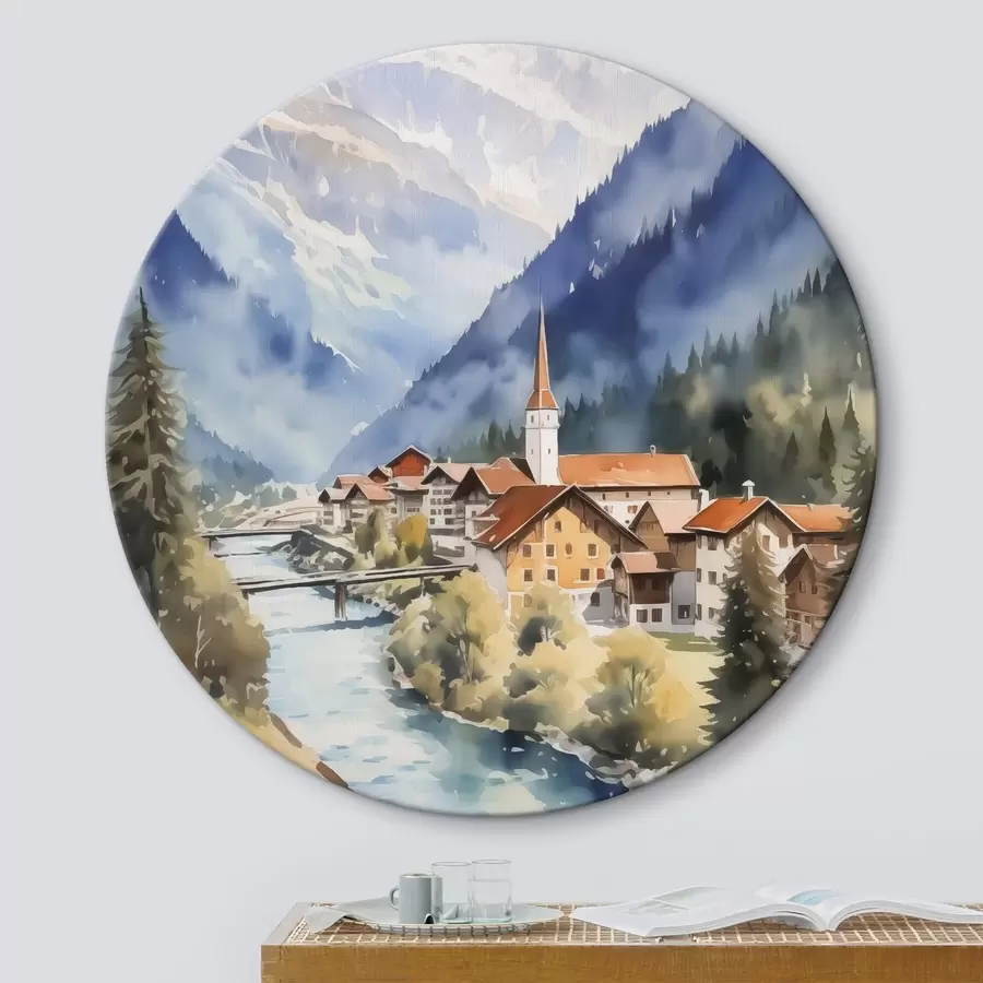 Wandbilder Dorf in der Nähe der Berge Nachahmung Aquarell r42964