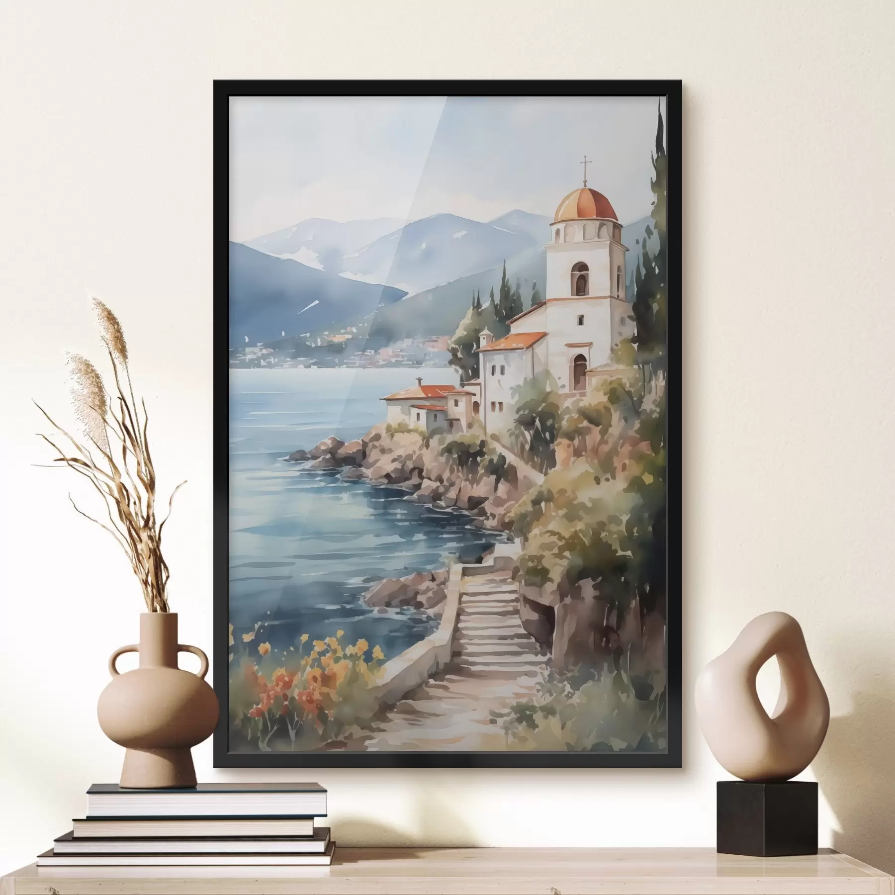 Fototapete Kirche am Meer mit Bergen im Hintergrund f42962