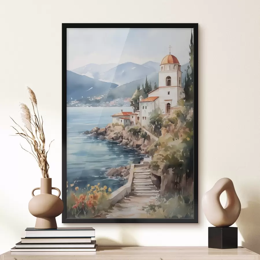 Fototapete Kirche am Meer mit Bergen im Hintergrund f42962