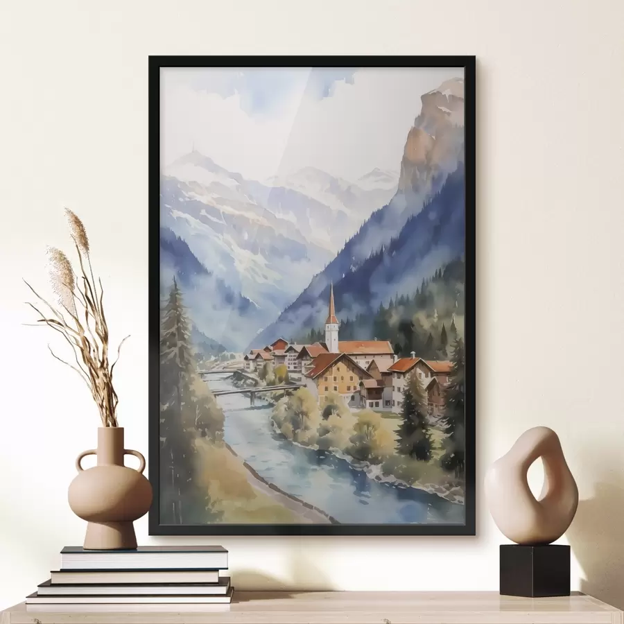 Fototapete Dorf in der Nähe der Berge Nachahmung Aquarell f42964